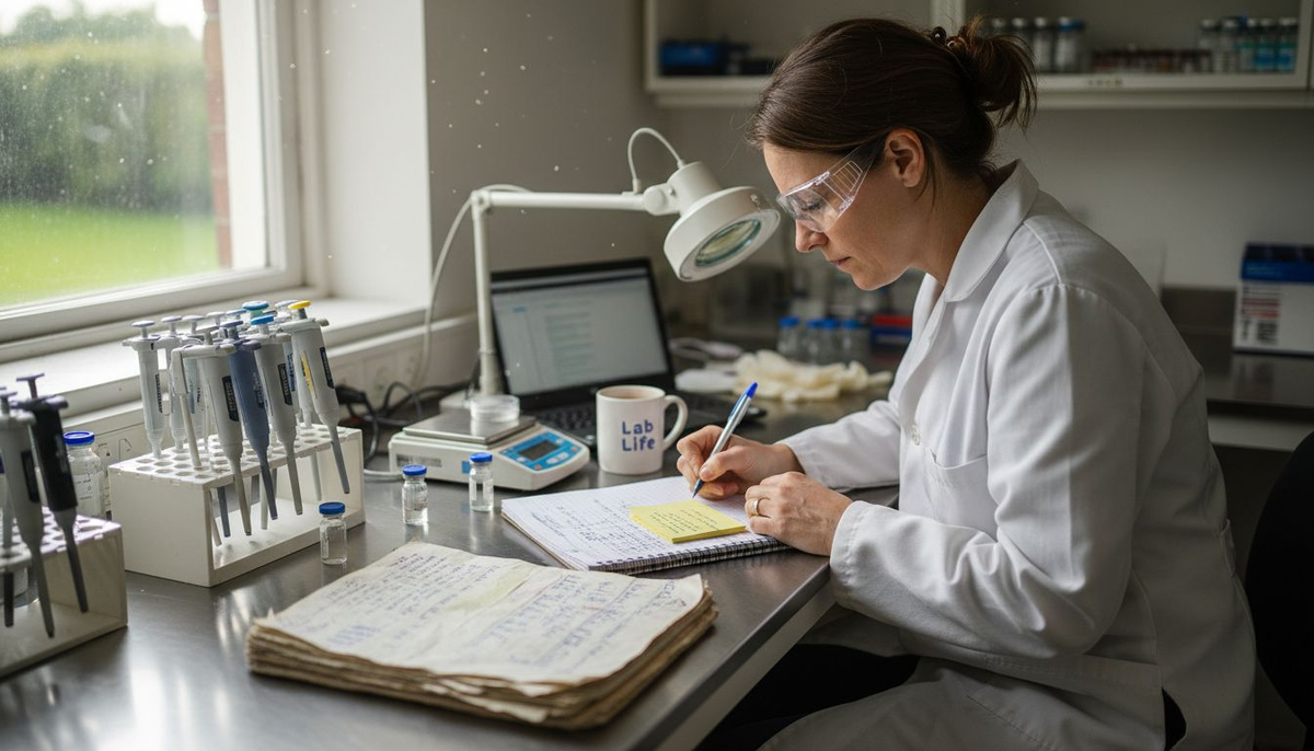 Female scientist studying peptides in lab