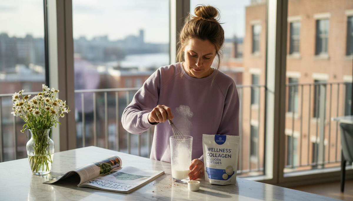 Woman mixing collagen in sunlit kitchen with daisies