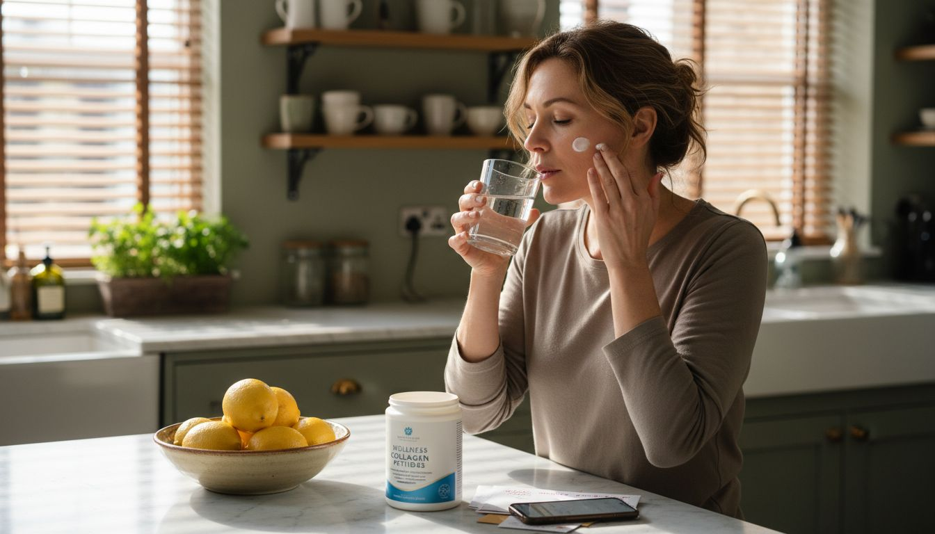Woman applying moisturizer in sunlit kitchen